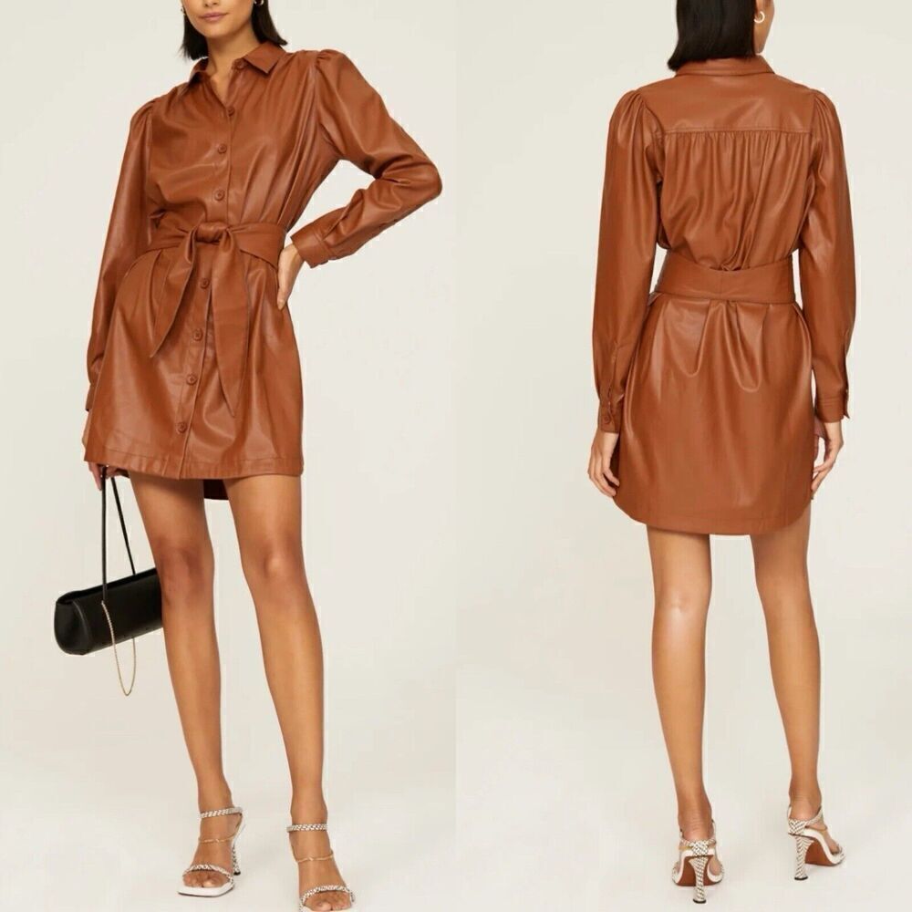 PETER SOM Shirtdress Womens 8 Brown Faux Leather Mini Button Front Tie Waist